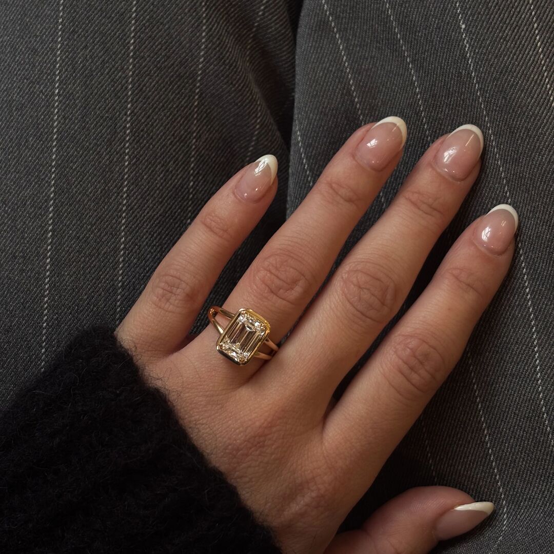 63718-Feed-square-2 | Frank Darling Yellow gold, bezel set, split shank engagement ring with an emerald cut Moissanite