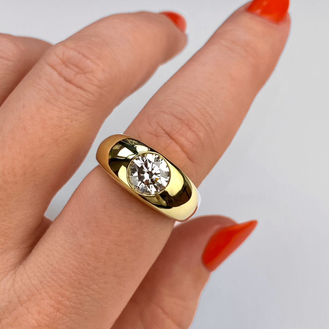 IMG_1987_edited-Feed-square | Frank Darling chunky gold bezel set round moissanite engagement ring