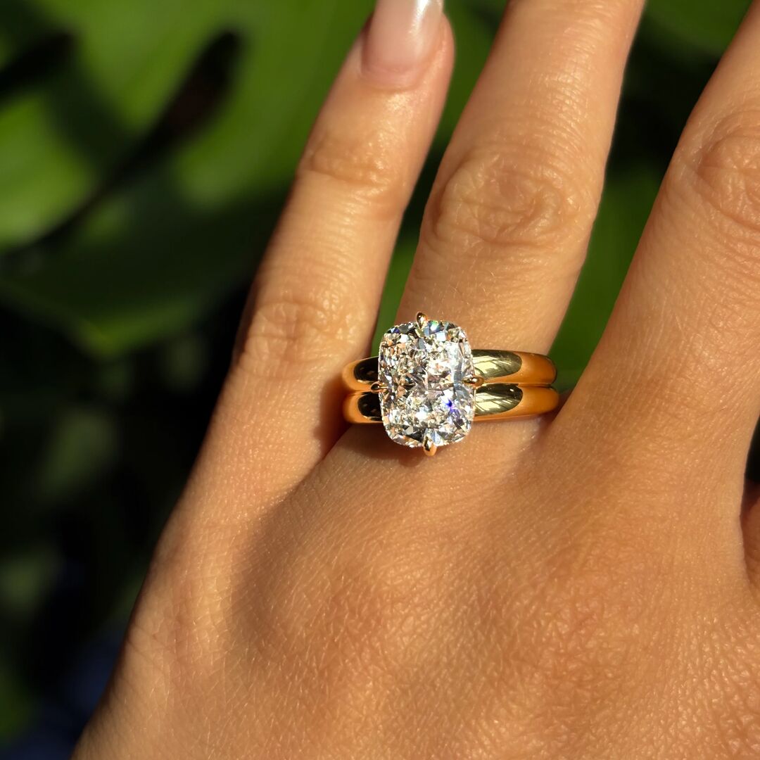 PO-53061-Feed-square | Frank Darling Double band elongated cushion cut Moissanite with compass setting in yellow gold