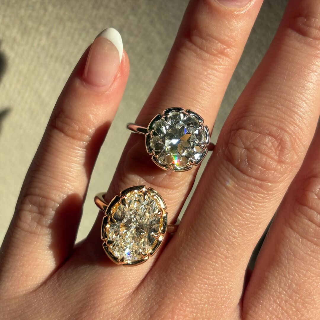 juliette-Feed-square-1 | Frank Darling two belcher inspired engagement rings with different colored Moissanite stones